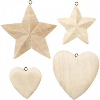 Dřevěné srdce a hvězdy, 4 různé ks 